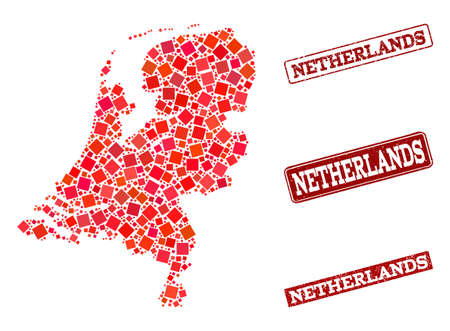 Geographic combination of dot mosaic map of Netherlands and red rectangle grunge stamp watermarks. Vector map of Netherlands created with red square mosaic items. Flat design for geographic posters.のイラスト素材