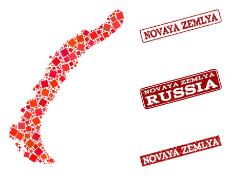 Geographic composition of dot mosaic map of Novaya Zemlya Islands and red rectangle grunge seal stamp watermarks. Vector map of Novaya Zemlya Islands designed with red square elements.のイラスト素材