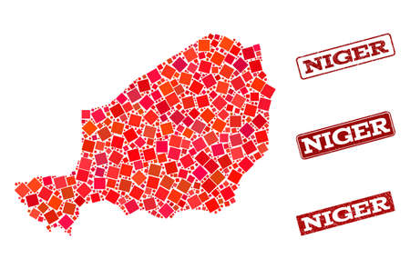 Geographic composition of dot mosaic map of Niger and red rectangle grunge stamp watermarks. Vector map of Niger composed with red square mosaic items. Flat design for political posters.のイラスト素材