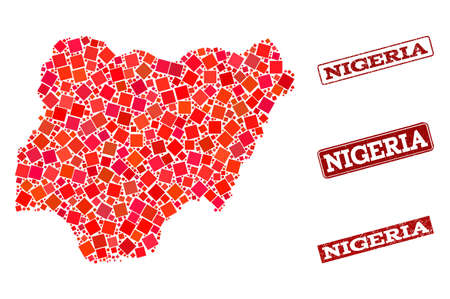 Geographic composition of dot mosaic map of Nigeria and red rectangle grunge stamp imprints. Vector map of Nigeria formed with red square mosaic items. Flat design for geographic purposes.のイラスト素材