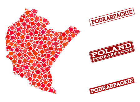 Geographic collage of dot mosaic map of Podkarpackie Province and red rectangle grunge seal stamp imprints. Vector map of Podkarpackie Province formed with red square mosaic items.のイラスト素材