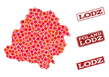 Geographic combination of dot mosaic map of Lodz Province and red rectangle grunge stamp imprints. Vector map of Lodz Province formed with red square mosaic items.のイラスト素材