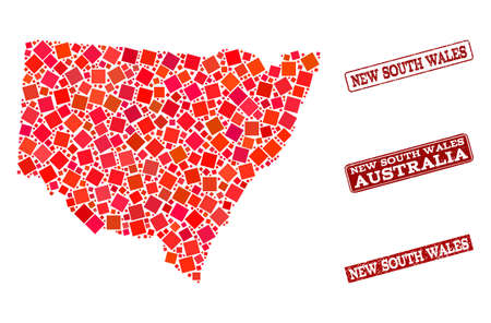 Geographic combination of dot mosaic map of New South Wales and red rectangle grunge stamp watermarks. Vector map of New South Wales composed with red square mosaic items.のイラスト素材