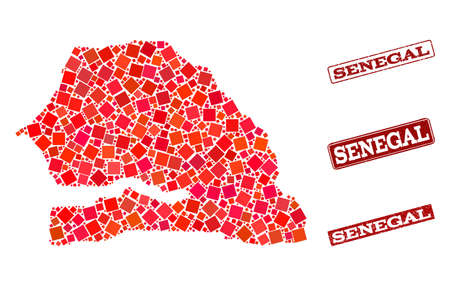 Geographic combination of dot mosaic map of Senegal and red rectangle grunge stamp imprints. Vector map of Senegal formed with red square mosaic items. Flat design for geographic illustrations.のイラスト素材