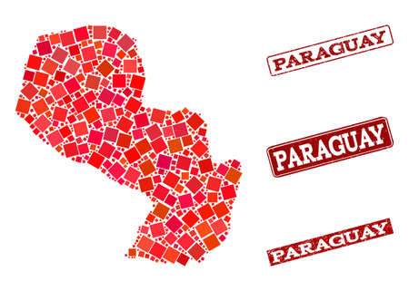 Geographic combination of dot mosaic map of Paraguay and red rectangle grunge stamp imprints. Vector map of Paraguay designed with red square dots. Flat design for geographic illustrations.のイラスト素材