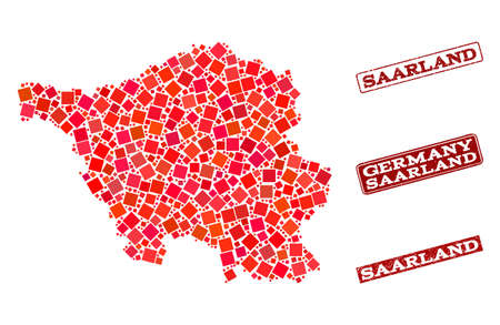 Geographic collage of dot mosaic map of Saarland State and red rectangle grunge stamp imprints. Vector map of Saarland State designed with red square mosaic items. Flat design for patriotic posters.のイラスト素材