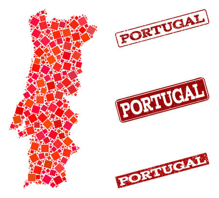 Geographic collage of dot mosaic map of Portugal and red rectangle grunge seal stamp imprints. Vector map of Portugal composed with red square mosaic items. Flat design for political purposes.のイラスト素材
