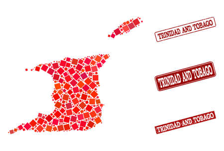 Geographic composition of dot mosaic map of Trinidad and Tobago and red rectangle grunge stamp watermarks. Vector map of Trinidad and Tobago designed with red square mosaic items.のイラスト素材
