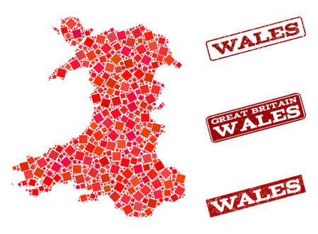 Geographic collage of dot mosaic map of Wales and red rectangle grunge stamp imprints. Vector map of Wales formed with red square mosaic items. Flat design for geographic posters.のイラスト素材