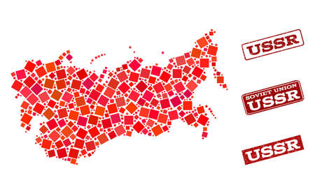 Geographic combination of dot mosaic map of USSR and red rectangle grunge seal stamp imprints. Vector map of USSR designed with red square points. Flat design for geographic illustrations.のイラスト素材