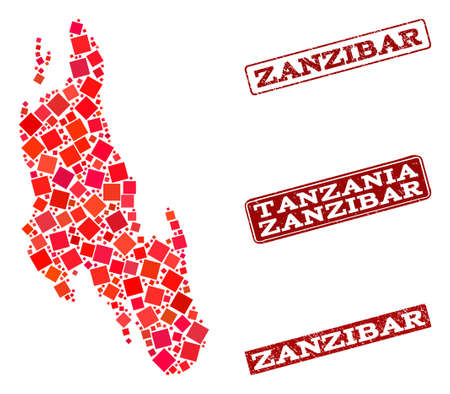 Geographic combination of dot mosaic map of Zanzibar Island and red rectangle grunge seal stamp imprints. Vector map of Zanzibar Island created with red square mosaic items.のイラスト素材