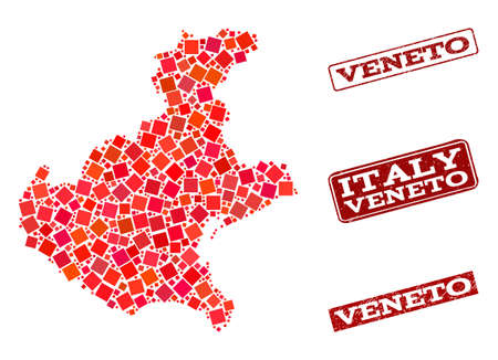 Geographic collage of dot mosaic map of Veneto region and red rectangle grunge seal watermarks. Vector map of Veneto region formed with red square mosaic items. Flat design for geographic posters.のイラスト素材