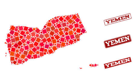 Geographic collage of dot mosaic map of Yemen and red rectangle grunge seal watermarks. Vector map of Yemen composed with red square dots. Flat design for geographic posters.のイラスト素材