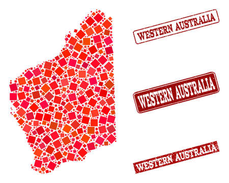 Geographic combination of dot mosaic map of Western Australia and red rectangle grunge stamp imprints. Vector map of Western Australia formed with red square mosaic items.のイラスト素材