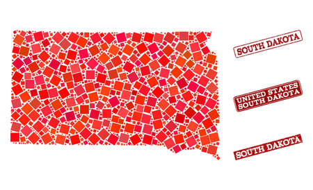 Geographic composition of dot mosaic map of South Dakota State and red rectangle grunge seal stamp imprints. Vector map of South Dakota State created with red square mosaic items.のイラスト素材