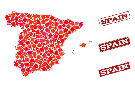 Geographic combination of dot mosaic map of Spain and red rectangle grunge stamp watermarks. Vector map of Spain formed with red square mosaic items. Flat design for geographic illustrations.のイラスト素材