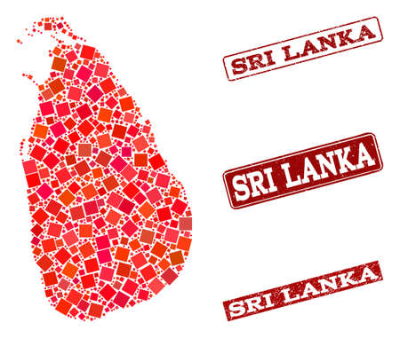 Geographic combination of dot mosaic map of Sri Lanka and red rectangle grunge seal imprints. Vector map of Sri Lanka formed with red square mosaic items. Flat design for geographic illustrations.のイラスト素材