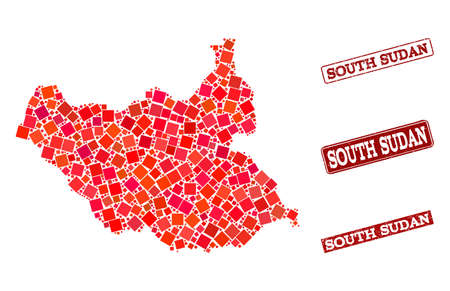 Geographic collage of dot mosaic map of South Sudan and red rectangle grunge stamp imprints. Vector map of South Sudan designed with red square mosaic items. Flat design for geographic posters.のイラスト素材