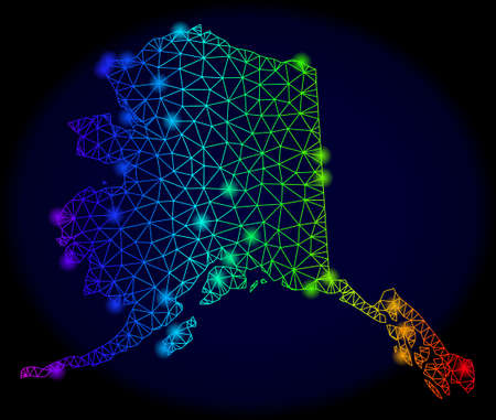 Bright spectrum mesh vector map of Alaska State with glare effect. Abstract lines, triangles, light spots forms map of Alaska State on a dark background.のイラスト素材