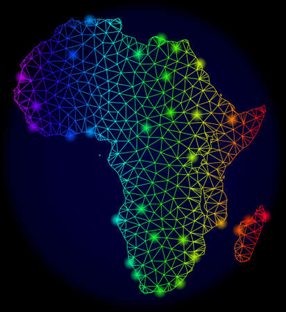 Bright spectrum mesh vector map of Africa with glare effect. Abstract lines, triangles, light spots forms map of Africa on a dark background. Mesh and glare elements are placed on different layers.のイラスト素材