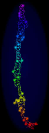 Bright rainbow mesh vector map of Chile with glare effect. Abstract lines, triangles, light spots forms map of Chile on a dark background. Mesh and lightspot elements are placed on different layers.のイラスト素材
