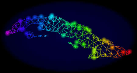 Bright spectrum mesh vector map of Cuba with glare effect. Abstract lines, triangles, glare spots forms map of Cuba on a dark background. Mesh and glowing elements are placed on different layers.のイラスト素材
