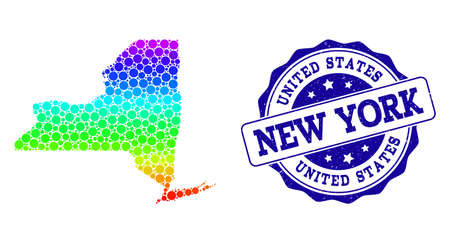 Dot rainbow map of New York State and blue grunge round stamp seal. Vector geographic map in bright rainbow gradient colors on a white background.のイラスト素材