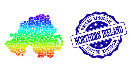 Dotted spectrum map of Northern Ireland and blue grunge round stamp seal. Vector geographic map in bright spectrum gradient colors on a white background.のイラスト素材