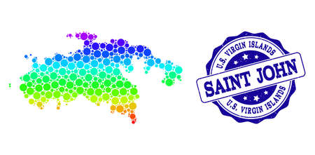 Dot spectrum map of Saint John Island and blue grunge round stamp seal. Vector geographic map in bright spectrum gradient colors on a white background.のイラスト素材