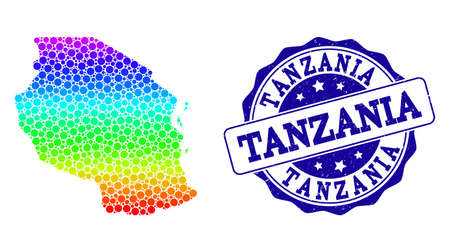 Dot spectrum map of Tanzania and blue grunge round stamp seal. Vector geographic map in bright spectrum gradient colors on a white background.のイラスト素材