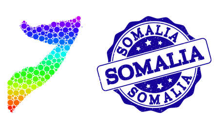 Dotted spectrum map of Somalia and blue grunge round stamp seal. Vector geographic map in bright spectrum gradient colors on a white background.のイラスト素材
