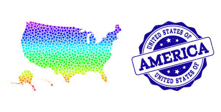 Dot spectrum map of USA territories and blue grunge round stamp seal. Vector geographic map in bright spectrum gradient colors on a white background.のイラスト素材