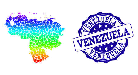 Dotted rainbow map of Venezuela and blue grunge round stamp seal. Vector geographic map in bright rainbow gradient colors on a white background.のイラスト素材