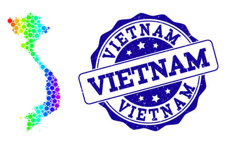 Dotted spectrum map of Vietnam and blue grunge round stamp seal. Vector geographic map in bright spectrum gradient colors on a white background.のイラスト素材
