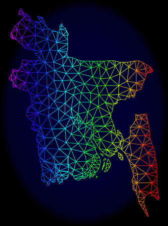 Spectrum colored mesh vector map of Bangladesh isolated on a dark blue background. Abstract lines, triangles forms map of Bangladesh. Carcass model for patriotic templates.のイラスト素材