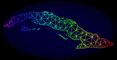 Spectrum colored mesh vector map of Cuba isolated on a dark blue background. Abstract lines, triangles forms map of Cuba. Carcass model for patriotic templates.のイラスト素材