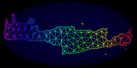 Rainbow colored mesh vector map of Crete Island isolated on a dark blue background. Abstract lines, triangles forms map of Crete Island. Carcass model for political illustrations.のイラスト素材