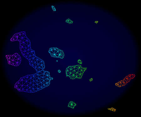 Spectrum colored mesh vector map of Galapagos Islands isolated on a dark blue background. Abstract lines, triangles forms map of Galapagos Islands. Carcass model for political posters.のイラスト素材