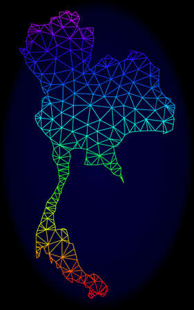 Rainbow colored mesh vector map of Thailand isolated on a dark blue background. Abstract lines, triangles forms map of Thailand. Carcass model for political templates.のイラスト素材