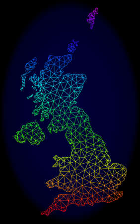 Spectrum colored mesh vector map of United Kingdom isolated on a dark blue background. Abstract lines, triangles forms map of United Kingdom. Carcass model for political templates.のイラスト素材