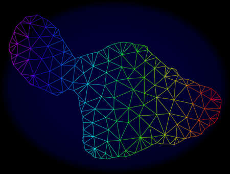 Spectrum colored mesh vector map of Maui Island isolated on a dark blue background. Abstract lines, triangles forms map of Maui Island. Carcass model for political templates.のイラスト素材