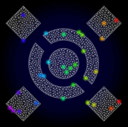 Glossy polygonal mesh central link icon with glare effect on a dark background. Carcass central link iconic vector with glowing colorful points in rainbow colors. Abstract white mesh lines,のイラスト素材