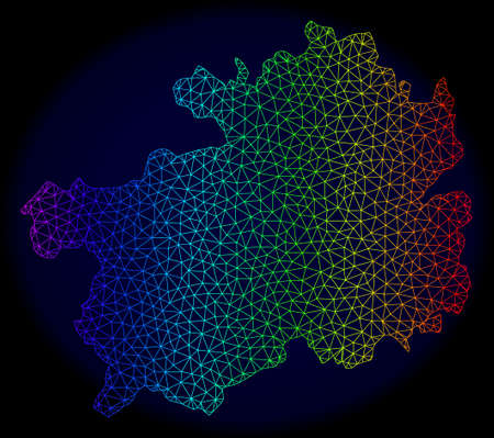 Spectrum colored mesh vector map of Guizhou Province isolated on a dark blue background. Abstract lines, triangles forms map of Guizhou Province. Carcass model for patriotic templates.のイラスト素材