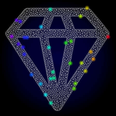 Glossy polygonal mesh diamond icon with glare effect on a dark background. Carcass diamond iconic vector with glamour multicolored points in rainbow colors. Abstract white mesh lines,のイラスト素材