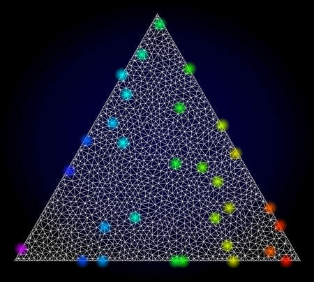Glossy polygonal mesh filled triangle icon with glow effect on a dark background. Carcass filled triangle iconic vector with illuminated multicolored points in spectrum colors.のイラスト素材