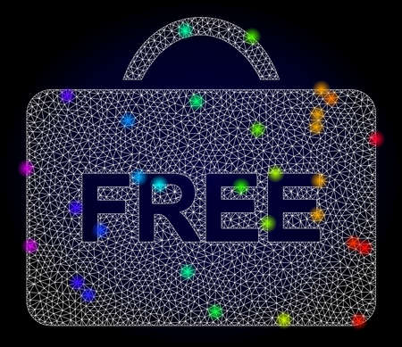 Glossy polygonal mesh free case icon with glare effect on a dark background. Carcass free case iconic vector with glitter multicolored spheres in rainbow colors. Abstract white mesh lines,のイラスト素材
