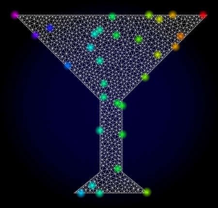 Glossy polygonal mesh martini cup icon with glare effect on a dark background. Carcass martini cup iconic vector with illuminated multi colored points in spectrum colors. Abstract white mesh lines,のイラスト素材