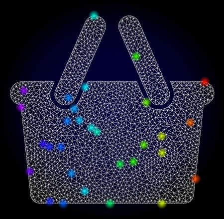Glossy polygonal mesh shopping bag icon with glow effect on a dark background. Carcass shopping bag iconic vector with flash multi colored spheres in rainbow colors. Abstract white mesh lines,のイラスト素材