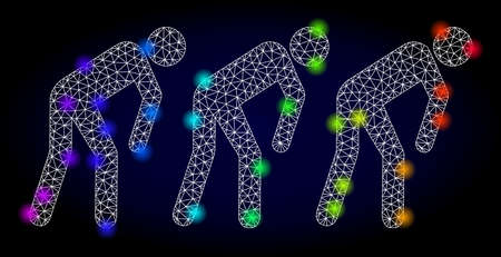 Glossy polygonal mesh slave people icon with glare effect on a dark background. Carcass slave people iconic vector with glowing multicolored points in rainbow colors. Abstract white mesh lines,のイラスト素材