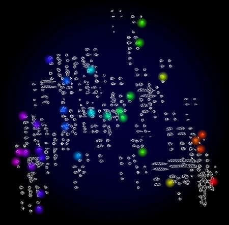 Glossy polygonal mesh sand swarm icon with glow effect on a dark background. Carcass sand swarm iconic vector with glitter multi colored points in spectrum colors. Abstract white mesh lines,のイラスト素材